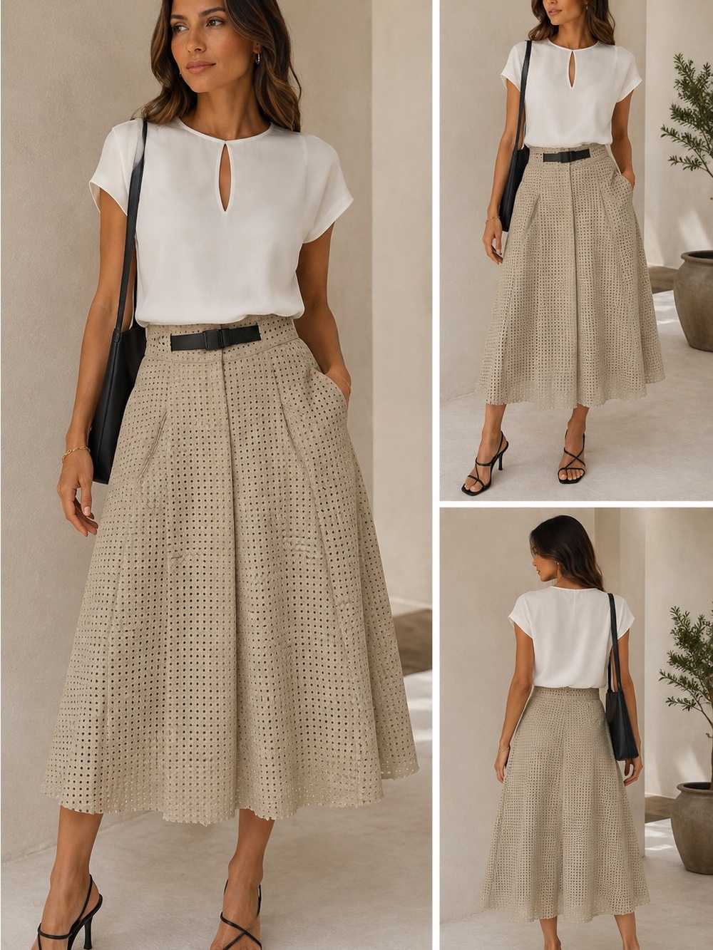 Zara Beige Eyelet Midi Skirt with Belt